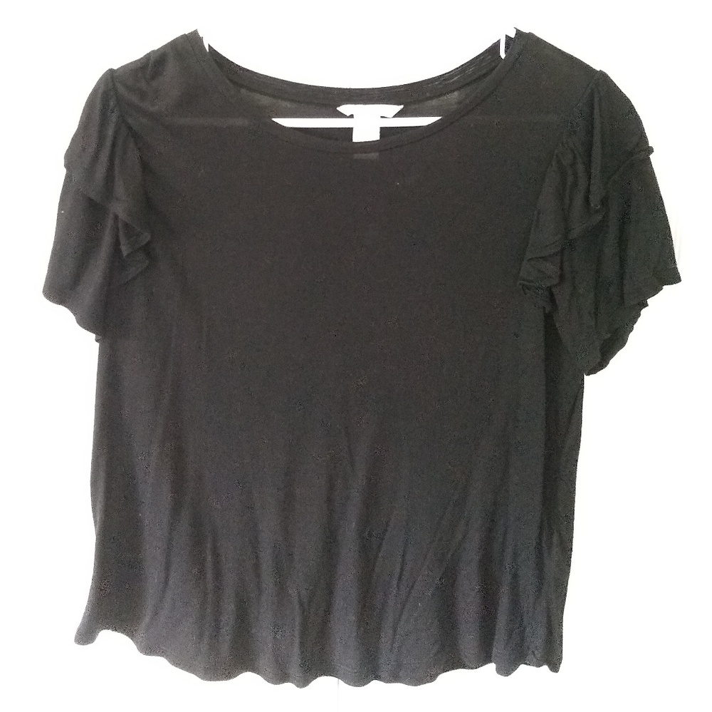 H&M Loose Black T-shirt Ruffle Sleeve S